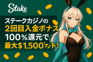 ステークカジノの2回目入金ボーナス|100%還元で最大$1,500ゲット!
